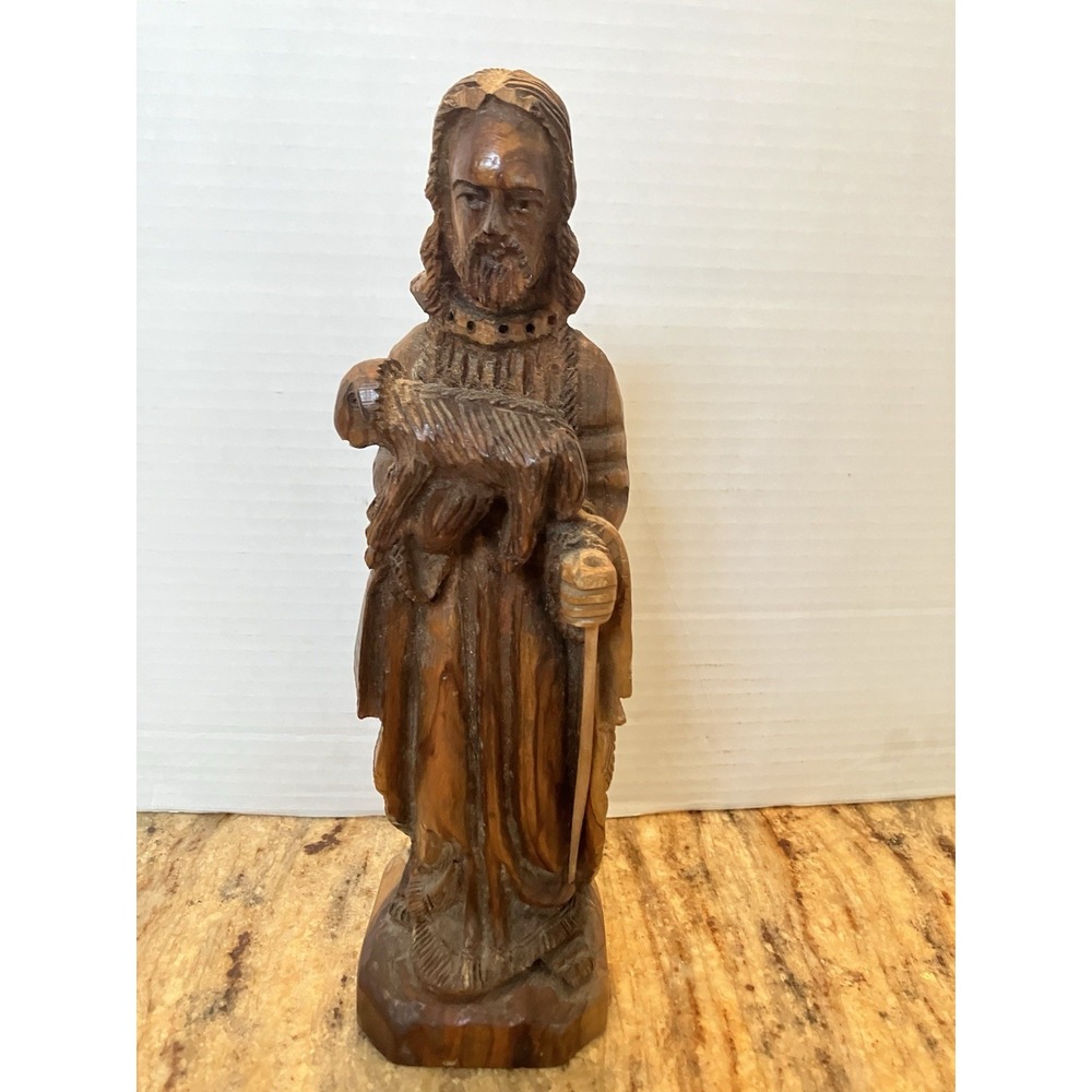 CARVED WOOD RELIGIOUS Jesus Good Shepherd With Lamb Artisan Handmade Bethlehem